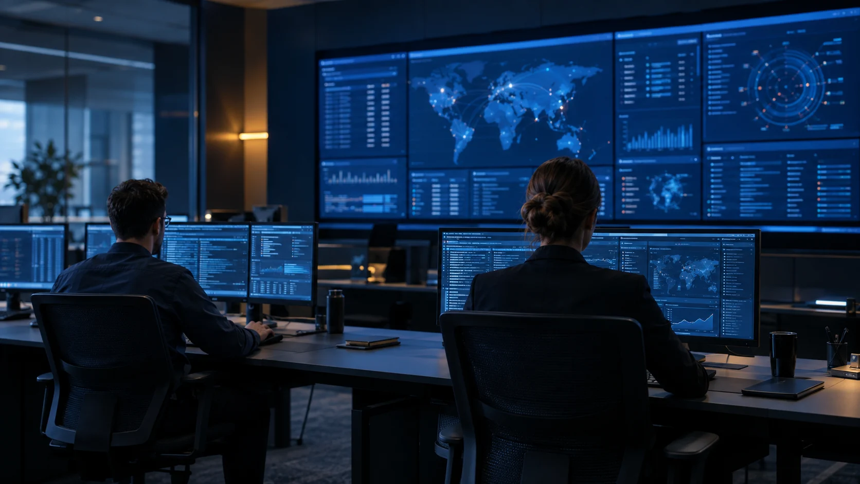 Conceptual illustration of security analysts working in a modern operations center