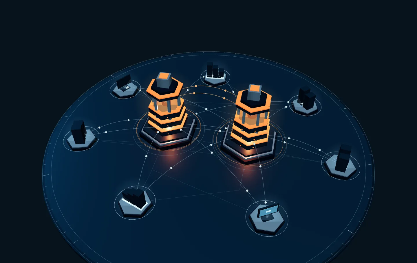 Two security operations towers connected to seven surrounding client systems.